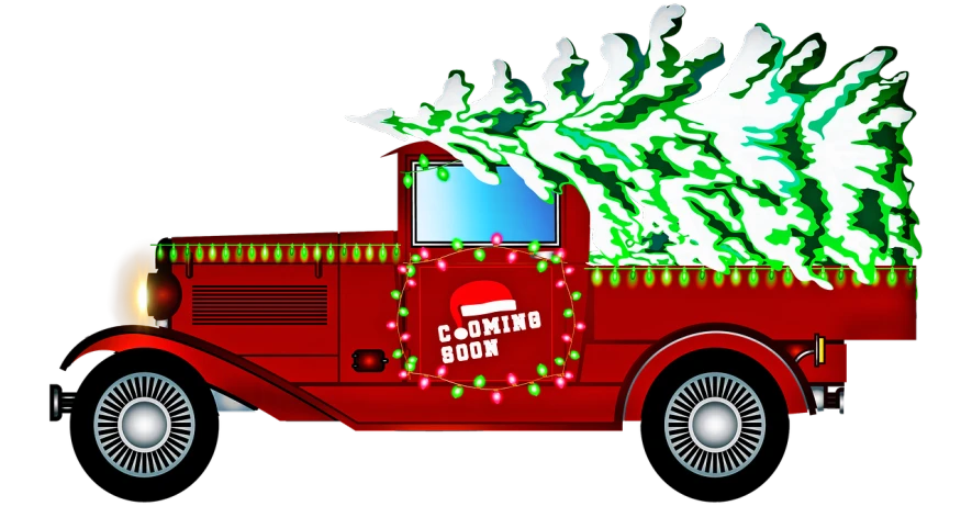 a red truck with a christmas tree on the back, concept art, by Gene Davis, shutterstock contest winner, conceptual art, crackling green lightning, lit from the side, movie screen shot, cooking it up