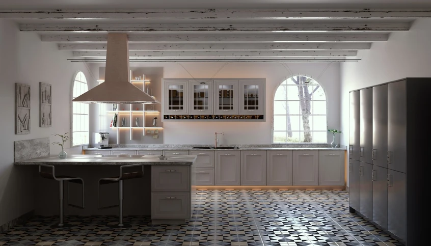 the kitchen is clean and ready for us to use, a 3D render, inspired by Luis Paret y Alcazar, shutterstock, old kitchen backdrop angled view, floor tiles, luxcore render, dynamic scene