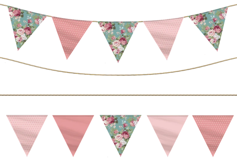 a set of three pink and green bunting flags, a digital rendering, by Anna Findlay, flowers and gold, 7 0 mm photo, animation, pink and blue colour