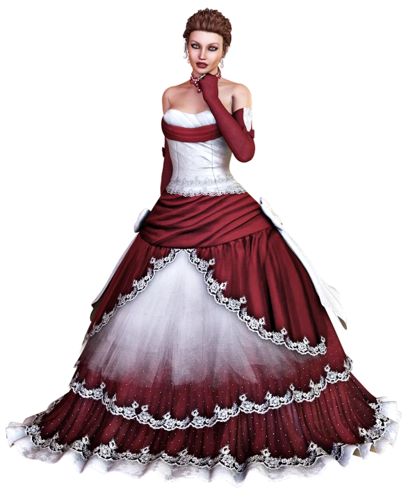 a woman in a red and white dress posing for a picture, a digital rendering, cg society contest winner, baroque, elegant evening gowns!, dark sienna and white, winter princess, wedding dress