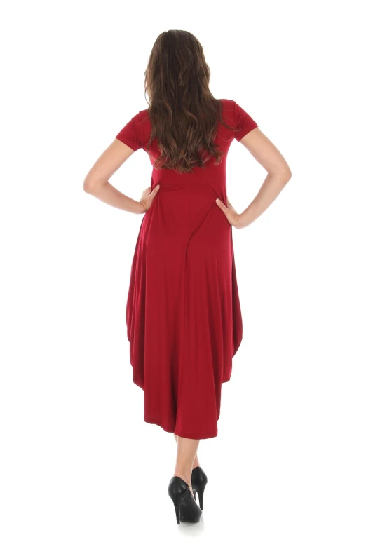 a woman in a red dress with her hands on her hips, a picture, arabesque, back view also, elegant asymmetrical, modest!, official product photo