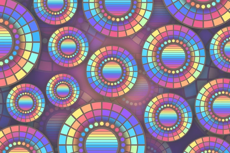 a group of stained glass circles on a purple background, a digital rendering, inspired by Victor Moscoso, cool tone pastel rainbow colors, abstract fractal automaton, high res, tiled