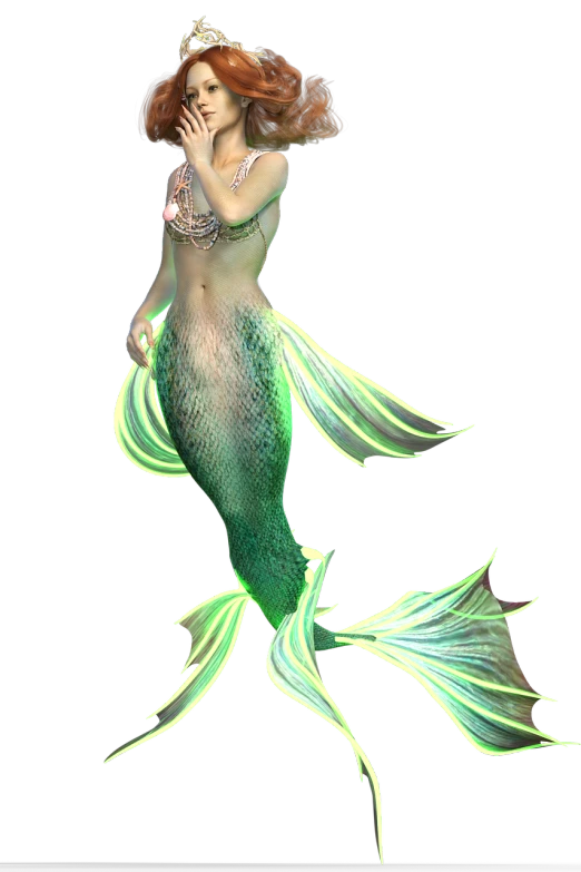 a woman in a mermaid costume is talking on a cell phone, a raytraced image, zbrush central contest winner, art deco, -h 1024, bottom up green lighting, stunning 3d render of a fairy, fish tail