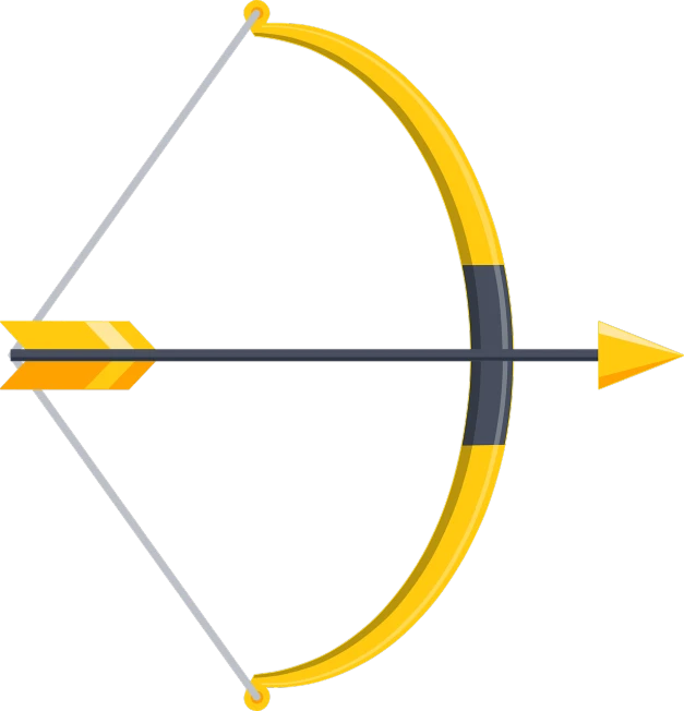 a bow and arrow on a black background, vector art, yellow aureole, crossbow, circle iris detailed structure, screengrab