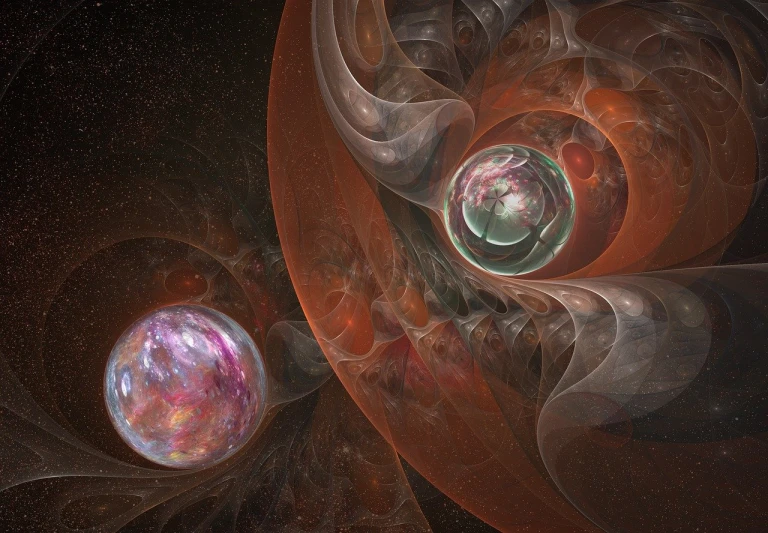 a computer generated image of two planets, digital art, inspired by Anna Füssli, fractal silk, translucent eggs, astral nebula, fantasy painterly style