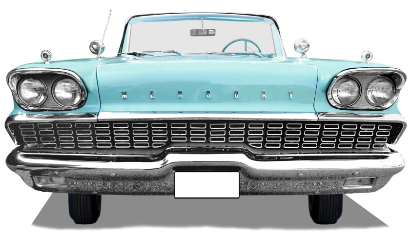 the front end of a blue classic car, a colorized photo, mercury, istockphoto, black and cyan color scheme, trident