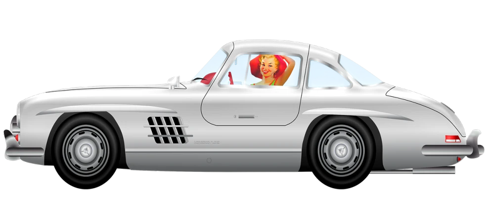 a woman sitting in the driver's seat of a silver sports car, an illustration of, inspired by Bunny Yeager, trending on pixabay, full lenght view. white plastic, merged character, mercedez benz, 3/4 side view