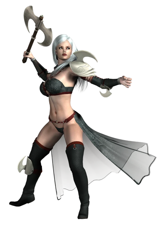 an image of a woman with a sword, a 3D render, by senior character artist, fantasy art, dwarf with white hair, dark sorceress fullbody pose, character from mortal kombat, 3 d render of a full female body
