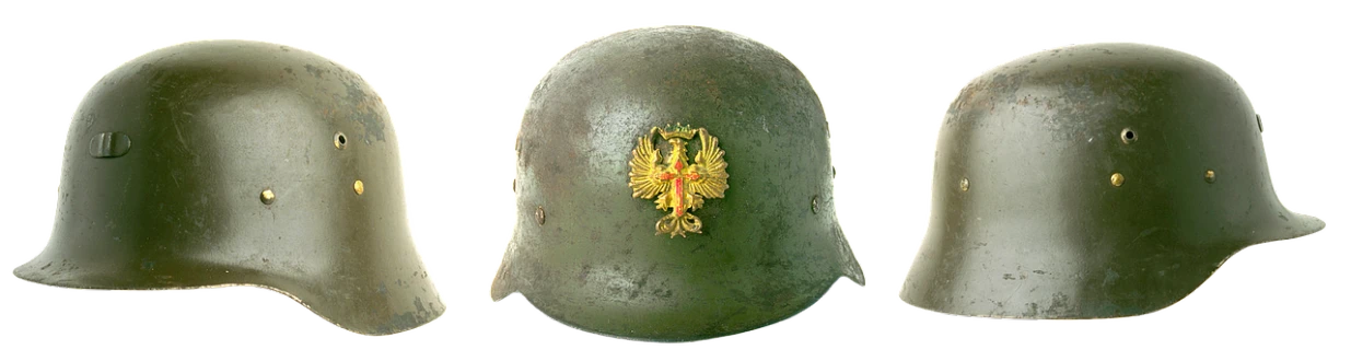 a couple of helmets sitting next to each other, by Jan Stanisławski, with an eagle emblem, olive, grain”, deiv calviz