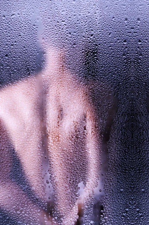 a close up of a person's face through a rain covered window, a stock photo, by Jan Rustem, figuration libre, close-up of thin soft hand, abstract human body, disrobed, purple water