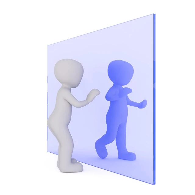 a couple of people standing in front of a mirror, conceptual art, reaching out to each other, opaque glass, 3d characters, portlet photo