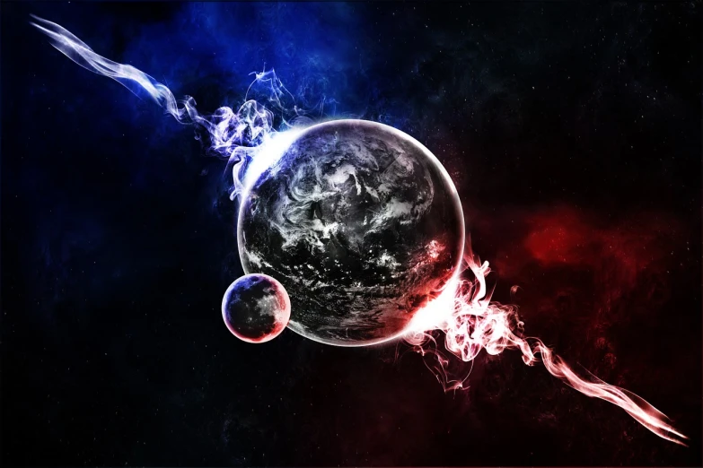 a picture of a planet with smoke coming out of it, digital art, space art, red and blue black light, worlds collide, mobile wallpaper, primeval duality