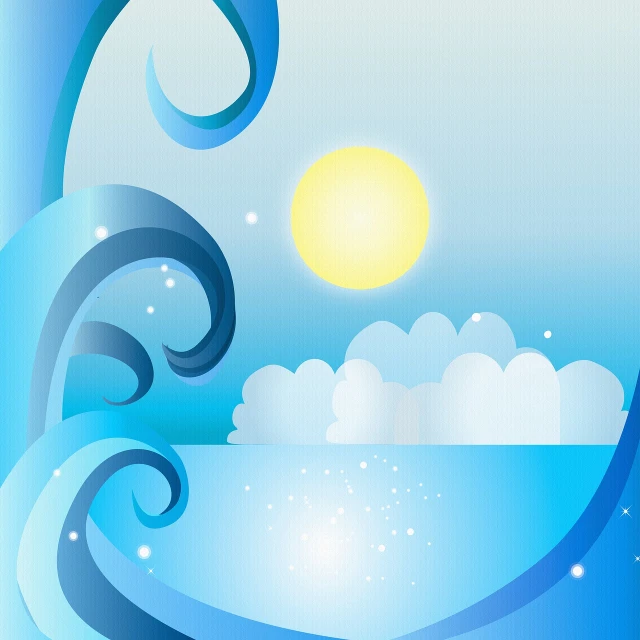 a picture of a big wave in the ocean, an illustration of, inspired by Yokoyama Taikan, deviantart, art deco, winter park background, it is emitting a bright, twinkling and spiral nubela, serene illustration