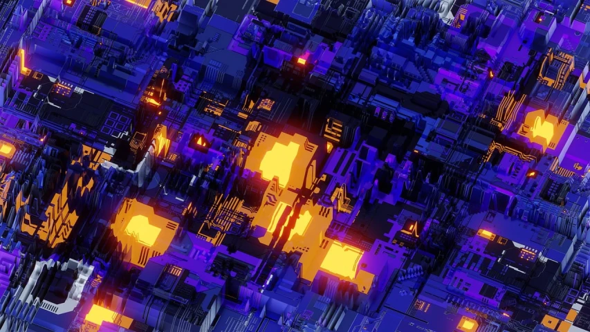 a digital image of a city at night, a computer rendering, by Andrei Kolkoutine, motherboard, closeup 4k, orange and purple electricity, geforce rtx 3090 on fire