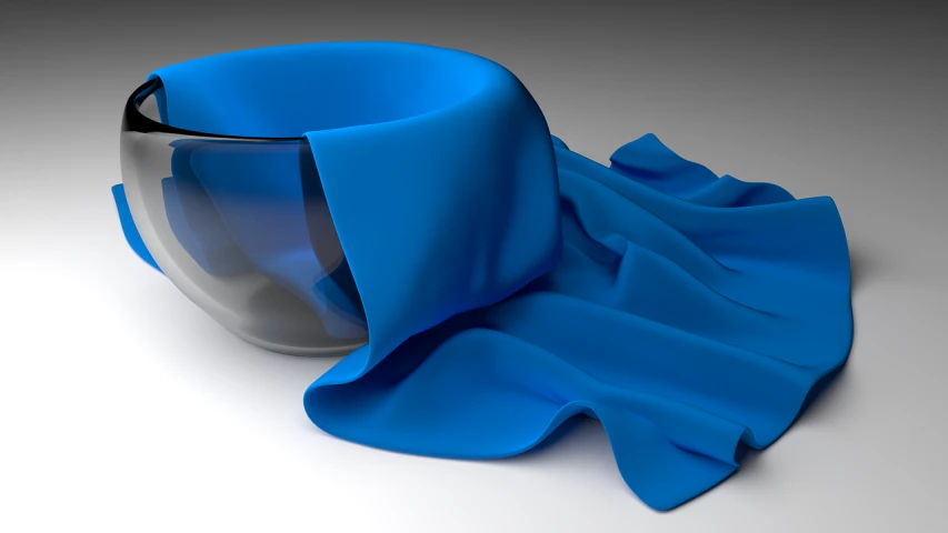 a blue bowl sitting on top of a table, a raytraced image, by Anna Füssli, polycount, conceptual art, large draped cloth, glass, silk, smooth 3d illustration