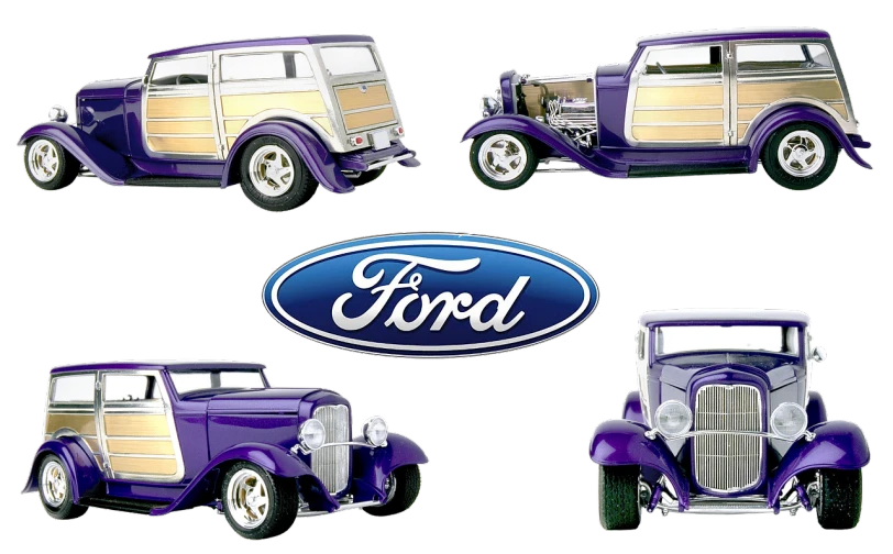 a close up of four different cars on a black background, a digital rendering, by Richard Mayhew, flickr, pop art, ford model t, purple, emblem, !!highly detailed!!