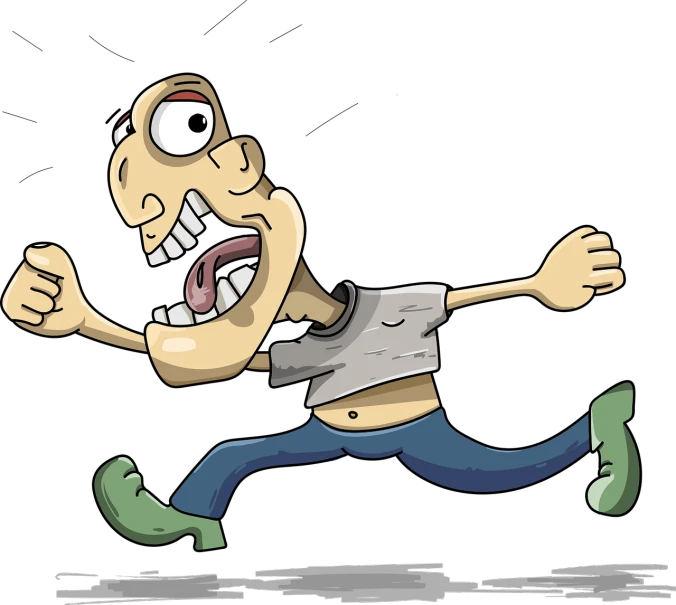 a cartoon man running with his mouth wide open, by Harry Beckhoff, pixabay, happening, on black background, accident, peolple run on the street, high detailed cartoon