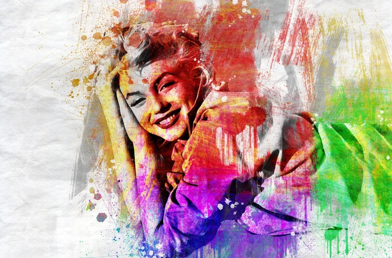 a painting of a woman talking on a cell phone, inspired by Marilyn Bendell, trending on pixabay, pop art, colorful splatters, selective color effect, portrait of marilyn monroe, water color splash