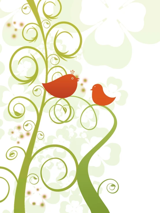 a couple of birds sitting on top of a tree, vector art, art nouveau, green and red tones, istockphoto, flower power, twirls