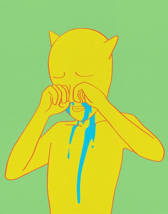 a drawing of a cat drinking from a cup, a pop art painting, inspired by Michael Deforge, tumblr, yellow and cyan color palette, a boy made out of gold, crying big blue tears, detail