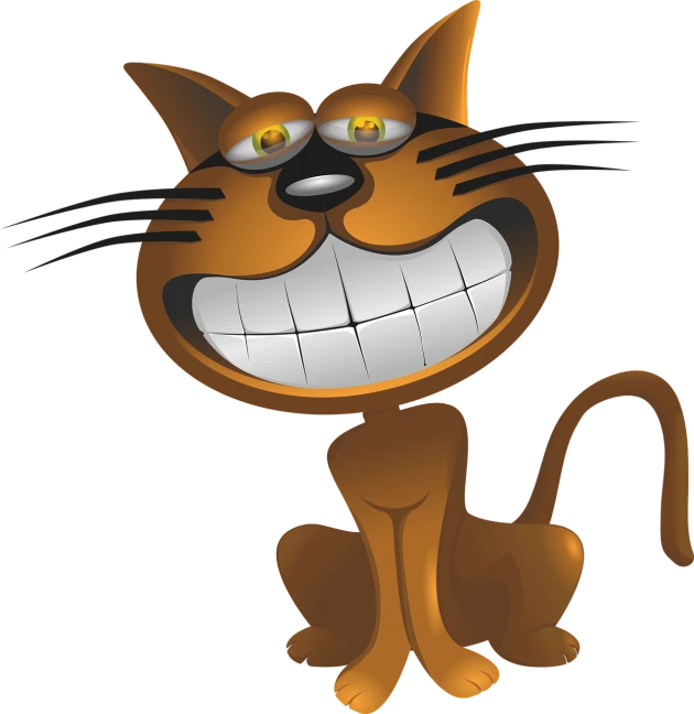 a cartoon cat with a big grin on its face, a digital rendering, on black background, clipart, sitting, pathetic