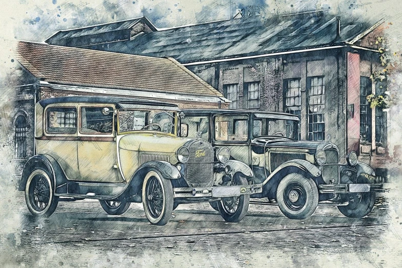 a couple of old cars parked in front of a building, inspired by James Gurney, trending on pixabay, auto-destructive art, very detailed digital art, 1920s picture, highly detaild, yellowed with age