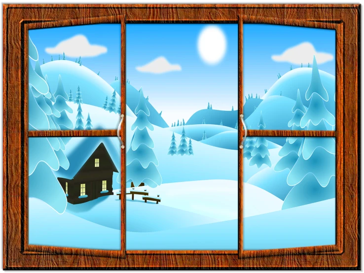 a window with a view of a snowy landscape, by Hristofor Zhefarovich, shutterstock, naive art, (3 are winter, high definition screenshot, cabin, with rolling hills