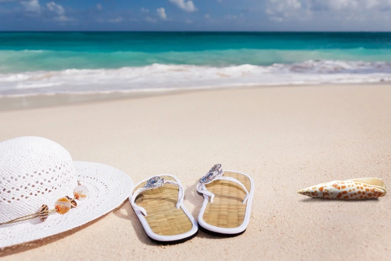 a hat, flip flops, and seashell on a beach, a picture, white shoes, wallpapers, wonderful scene, heat shimmering