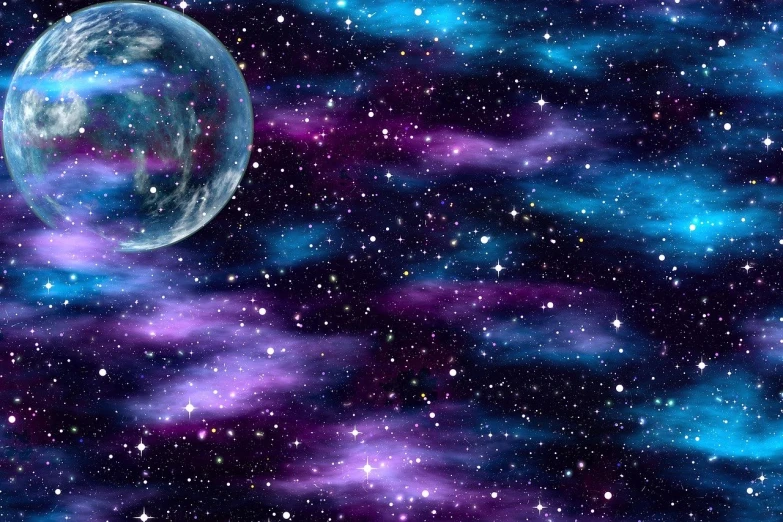 a blue and purple space filled with lots of stars, space art, moon background, heaven planet in background, multiverse!!!!!!, earth in background