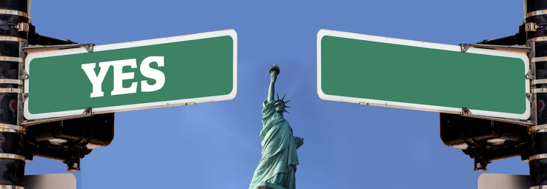 two street signs with the statue of liberty in the background, pixabay, green ratio, product introduction photo, without text, screens