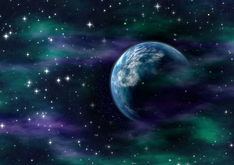 a view of the earth from space with stars in the background, a digital rendering, space art, floating in a nebula, space photo, very detailed photo