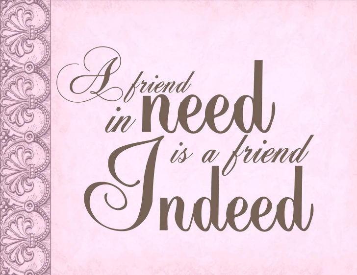 a quote that says, a friend in need is a friend indeed, inspired by Elizabeth MacNicol, dada, pink, bordered, fancy background, d render