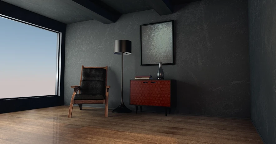 a chair sitting in a living room next to a window, a 3D render, inspired by George Ault, polycount contest winner, highly detailed texture render, darkslategray wall, unreal engine 3 d rendering, rendered illustration