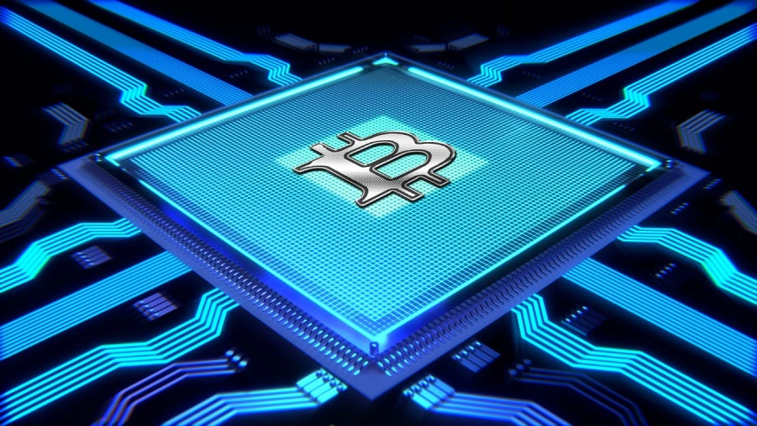 a computer chip with a bitcoin symbol on it, a digital rendering, best on adobe stock, vibrant 8k rendering, 1128x191 resolution, blueshift render