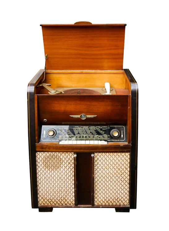 an old radio sitting on top of a wooden table, an album cover, by Matthias Stom, shutterstock, on black background, old experimentation cabinet, 1 9 4 8 photo, open