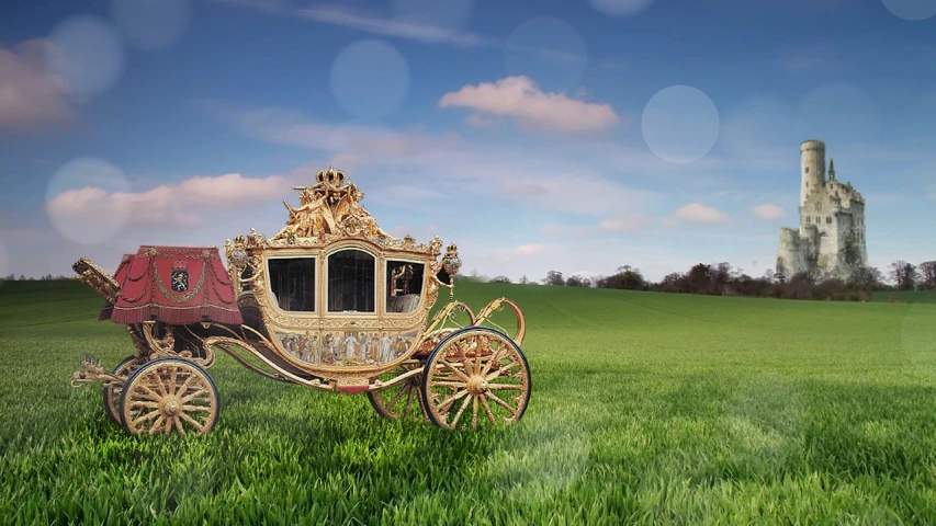 a horse drawn carriage in a field with a castle in the background, a digital rendering, trending on pixabay, baroque, beautiful composition 3 - d 4 k, raytraced 3d set design, in a grass field, baroque object