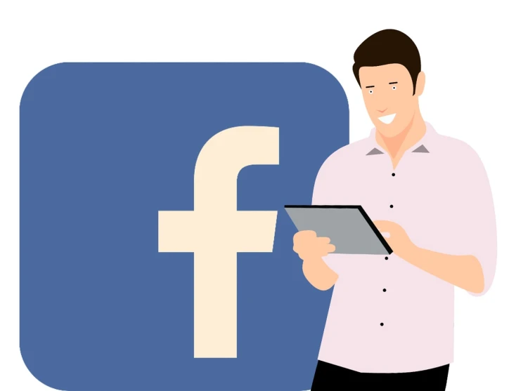 a man holding a tablet in front of a facebook logo, trending on pixabay, modern simplified vector art, wikihow illustration, maintenance photo, looking to the side