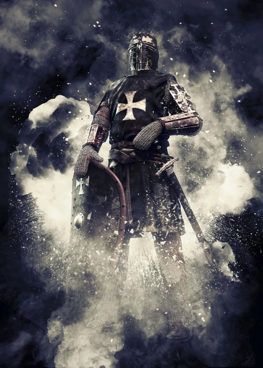 a black and white photo of a knight on a horse, concept art, shutterstock, digital art, holy crusader medieval knight, in front of smoke behind, background image, grungy gothic