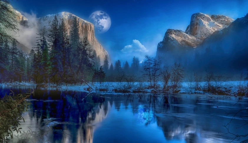 a mountain covered in snow next to a body of water, trending on pixabay, fantasy art, the moon reflects in the water, yosemite valley, blue fog, yosemite