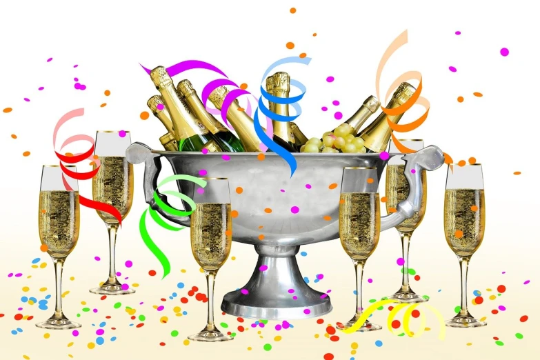 a group of glasses filled with champagne and confetti, a digital rendering, by Melissa Benson, tournament, istockphoto, well edited, high res photo