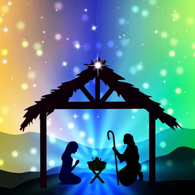 a nativity scene with a baby jesus in the manger, vector art, pixabay, conceptual art, northern lights background, 64x64, vibrant setting, angle view