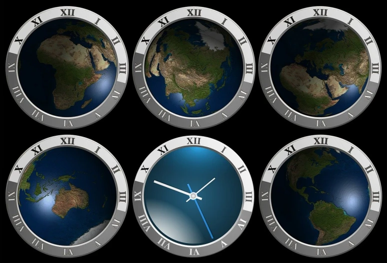 four clocks showing the different time zones of the earth, by Jon Coffelt, trending on pixabay, digital art, style of the game rimworld, silver, watch photo, six-dimensional