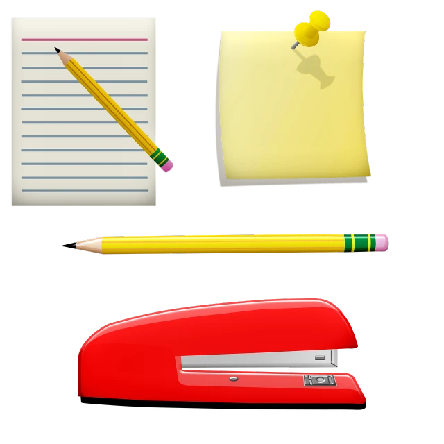a bunch of office supplies on a black background, a digital rendering, yellow and red, realistic illustration, three fourths view, cute photo