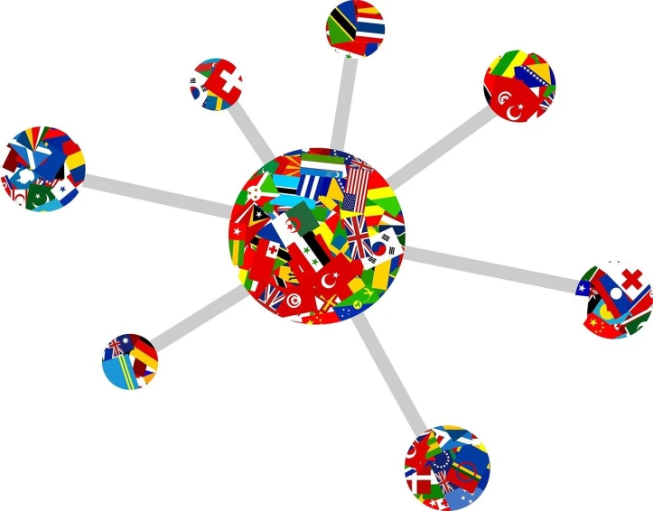 a bunch of flags are arranged in a circle, an illustration of, by Caroline Mytinger, pixabay, immersed within a network, ball, ivory, global awarded