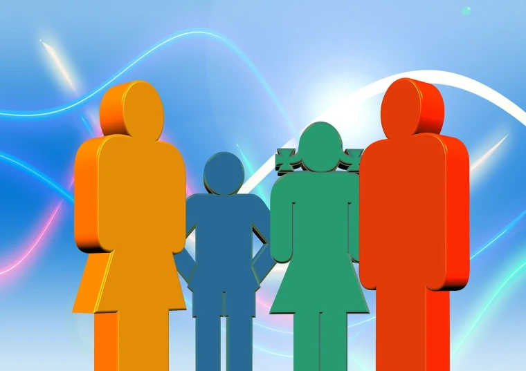 a group of people standing next to each other, a digital rendering, by David Burton-Richardson, trending on pixabay, figurativism, green blue red colors, family friendly, orange and blue colors, information