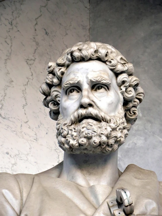 a close up of a statue of a man with a beard, a marble sculpture, mannerism, epic level of detail, pompous expression, broadshouldered, image