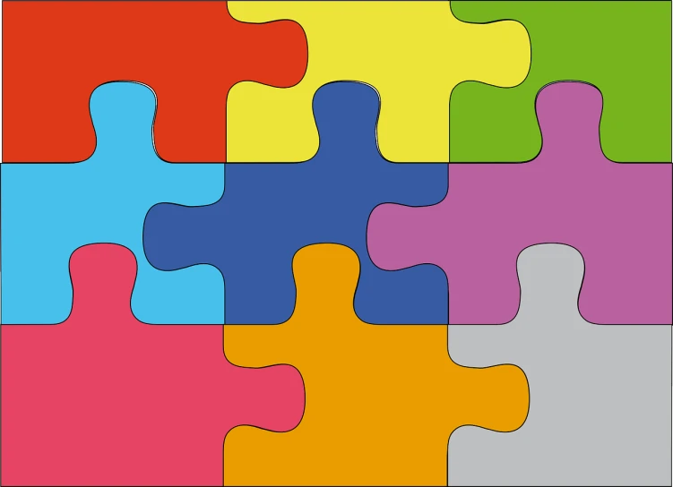 a colorful puzzle piece on a white background, a jigsaw puzzle, by Ludovit Fulla, pixabay, color field, created in adobe illustrator, dividing it into nine quarters, vibrant colourful background, construction