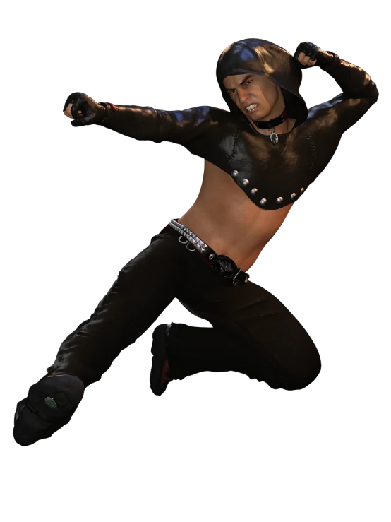 a woman that is in the air with a skateboard, a 3D render, inspired by Liao Chi-chun, strong fighter in leathers, he is dancing, wearing black tight clothing, ( ( ( ( 3 d render ) ) ) )