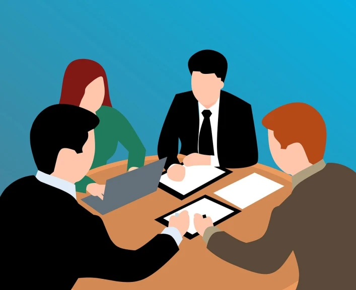 a group of people sitting around a wooden table, pixabay, digital art, business meeting, document, interview, line - art