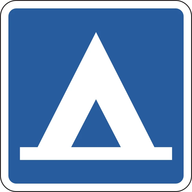 a blue sign with a white triangle on it, tent, high level, vectorised, advanced highway